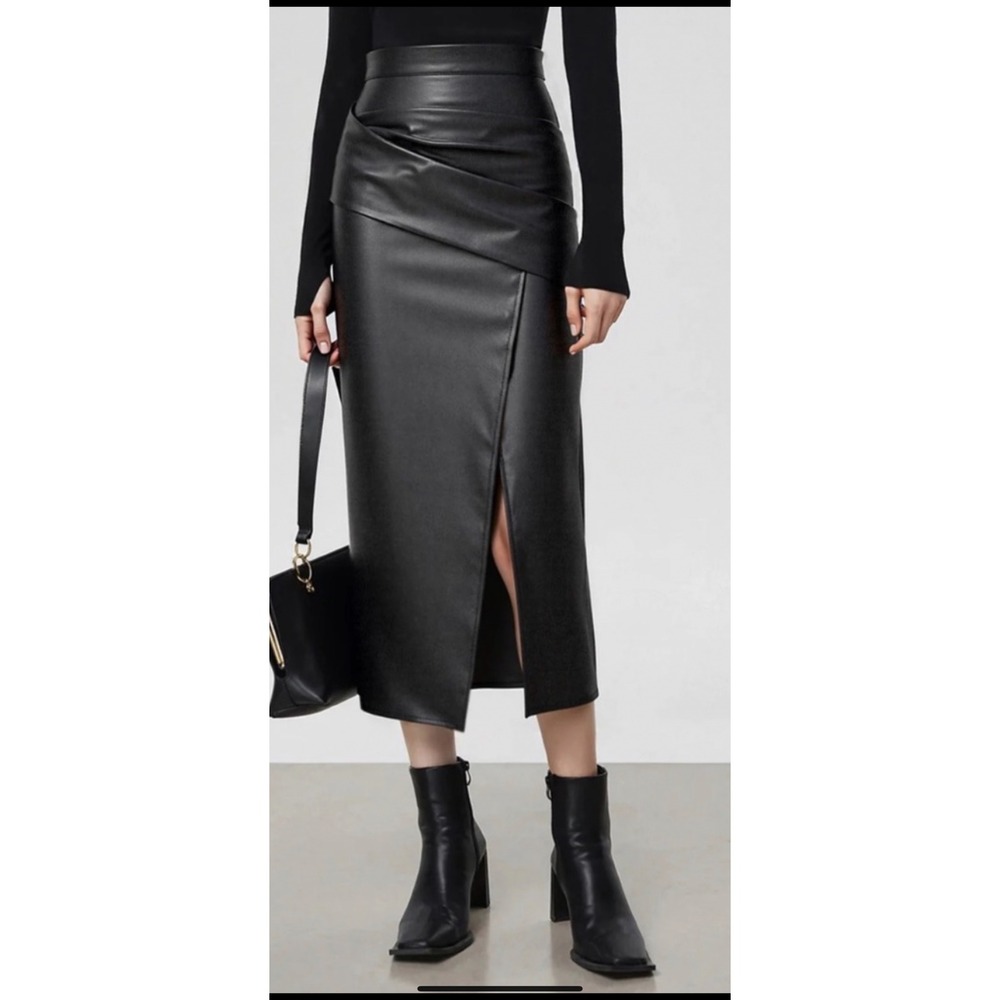 Commense Black Faux Leather Draped Front Slit Midi Skirt NWT Size Medium